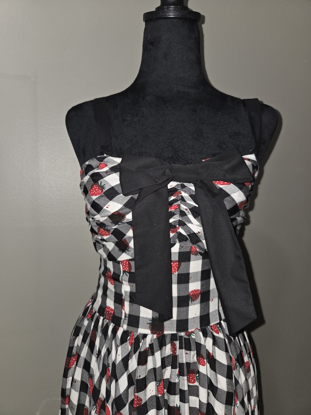 Unique Vintage Black & White Gingham Strawberry Midi Dress with Black Bow